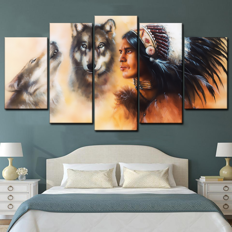 American Indian And Wolves Army 5 Piece Canvas Art Wall Decor - Canvas Prints Artwork