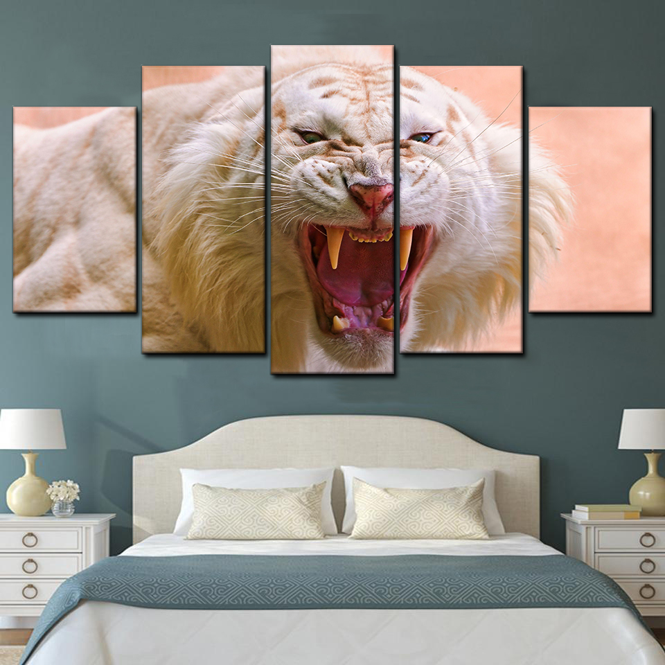 Angry White Tigers 5 Piece Canvas Art Wall Decor - Canvas Prints Artwork