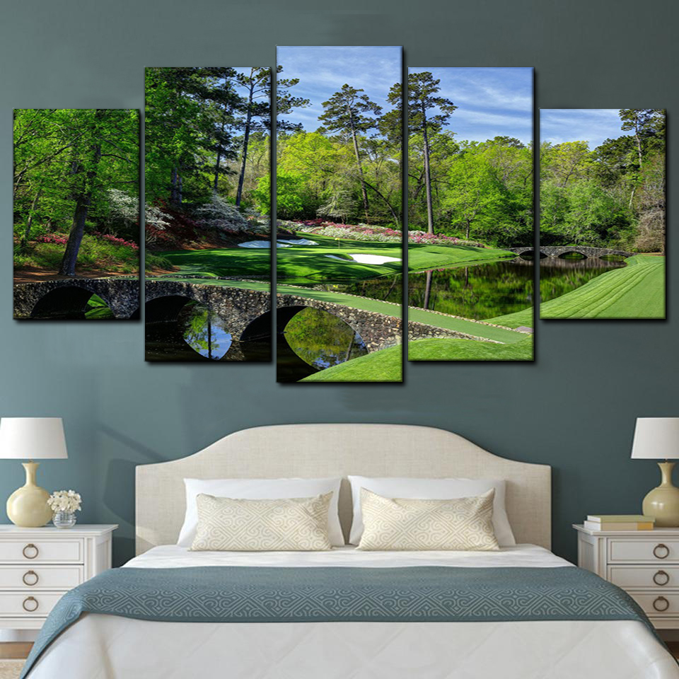 Augusta Masters Golf Golfing Course Hole Water Nature 5 Piece Canvas Art Wall Decor - Canvas Prints Artwork
