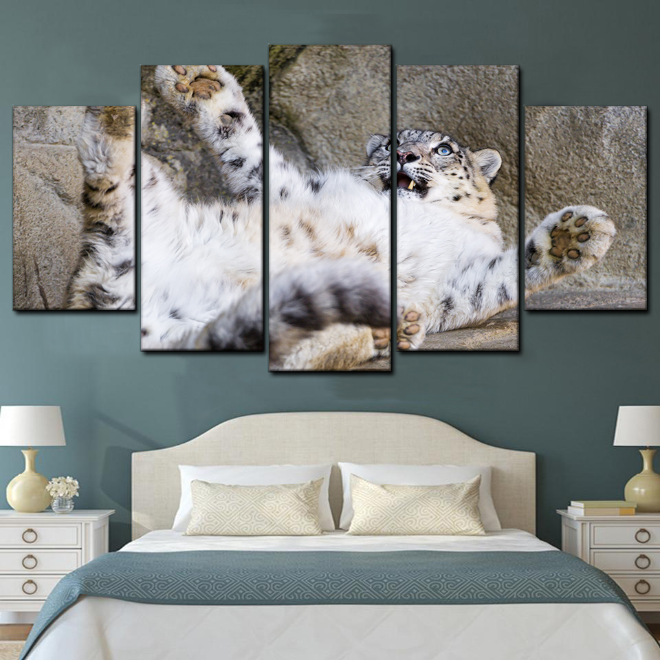 Big Baby Snow Leopard Playful Cute And Funny 5 Piece Canvas Art Wall Decor - Canvas Prints Artwork