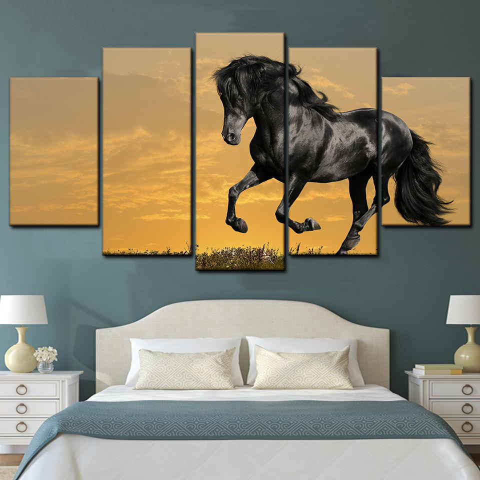 Black Horse Running 5 Piece Canvas Art Wall Decor - Canvas Prints Artwork