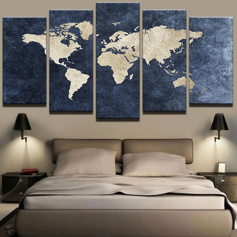 Blue World Map 5 Piece Canvas Art Wall Decor - Canvas Prints Artwork
