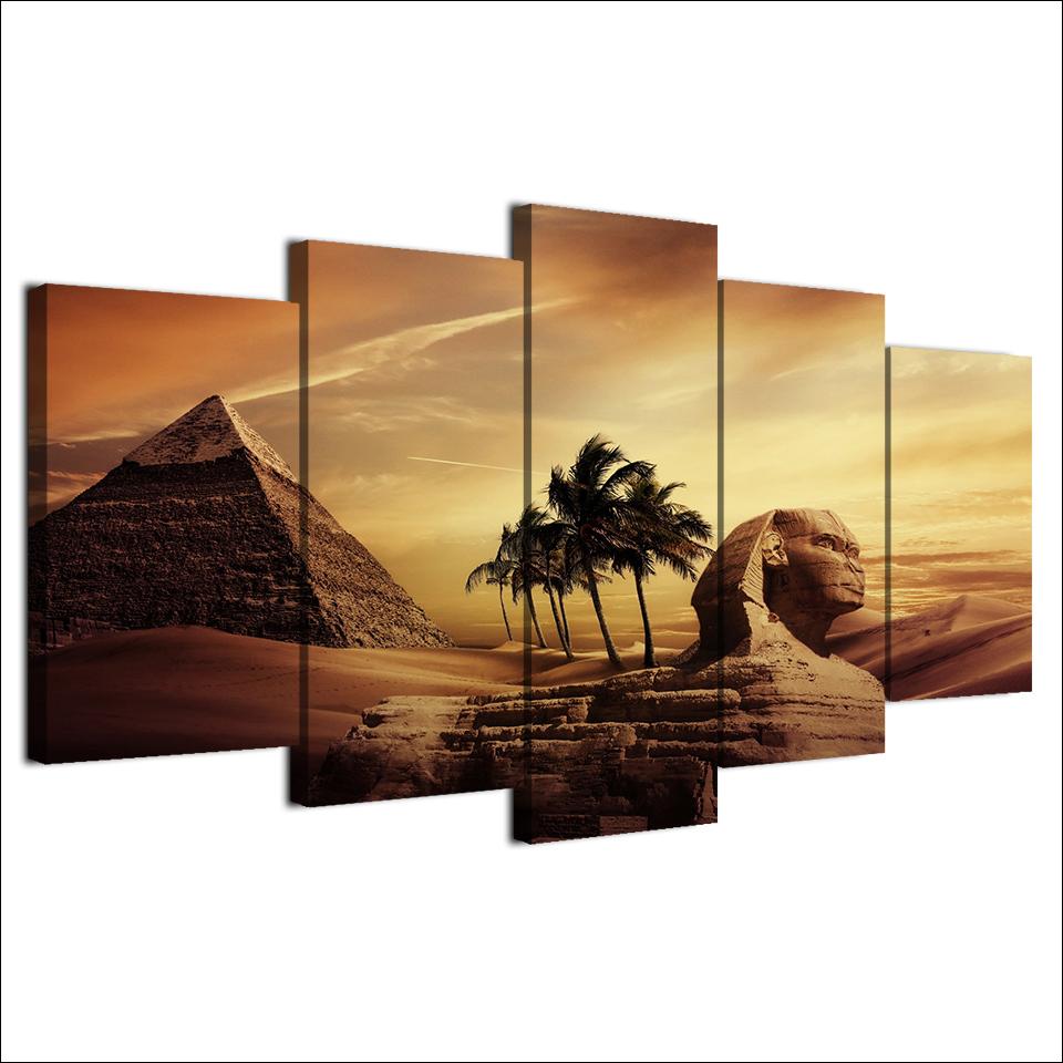 Egyptian Pyramids Painting Sunset Desert 5 Piece Canvas Art Wall Decor - Canvas Prints Artwork