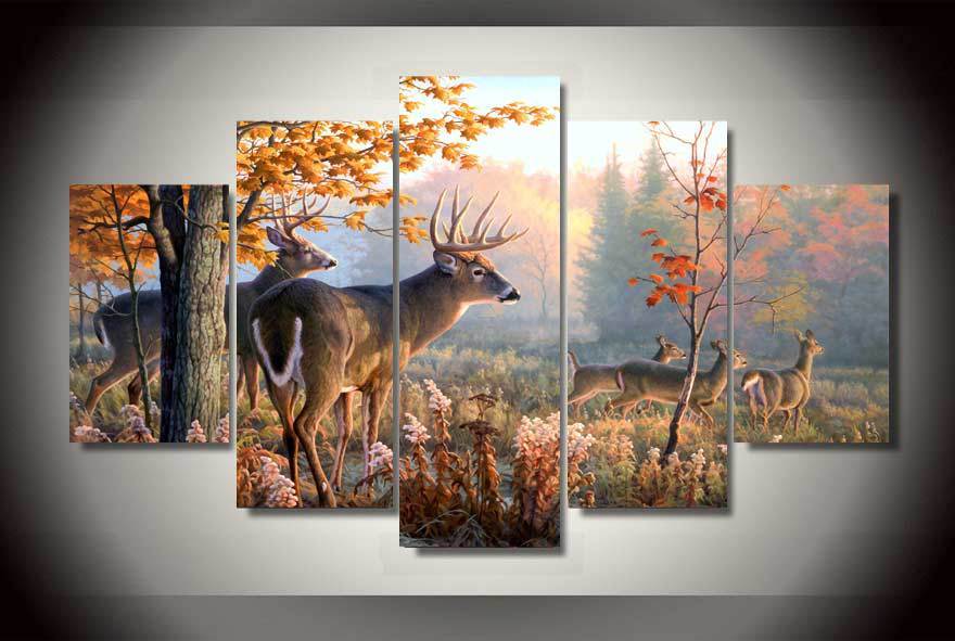Forest Wonderland Animal Deers 5 Piece Canvas Art Wall Decor - Canvas Prints Artwork