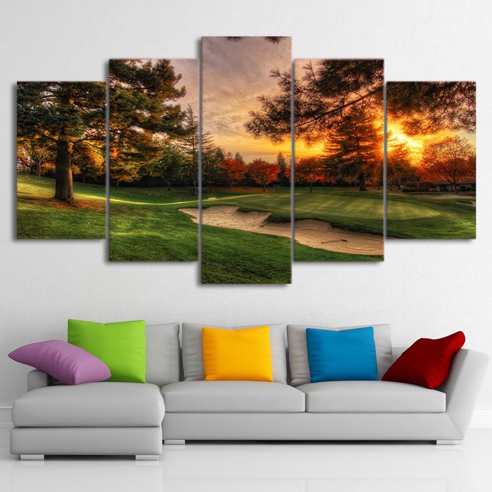 Golf Course Trees Sunset 5 Piece Canvas Art Wall Decor - Canvas Prints Artwork