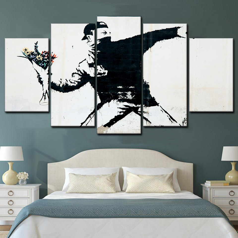 Large Banksy Rage The Flower Thrower   Abstract 5 Piece Canvas Art Wall Decor - Canvas Prints Artwork