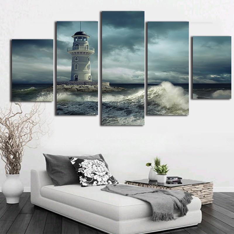 Lighthouse Cloudy Rough Wave Seascape 5 Piece Canvas Art Wall Decor - Canvas Prints Artwork
