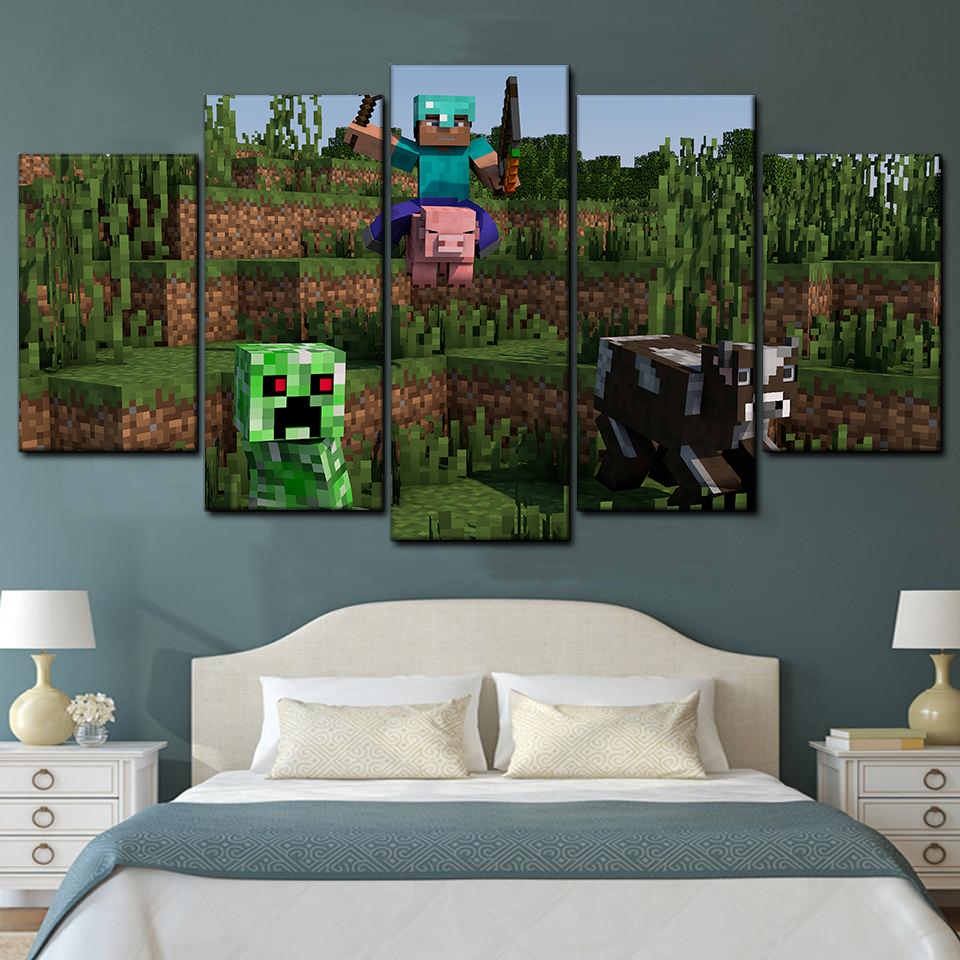 Minecraft The Attack Gaming 5 Piece Canvas Art Wall Decor - Canvas Prints Artwork