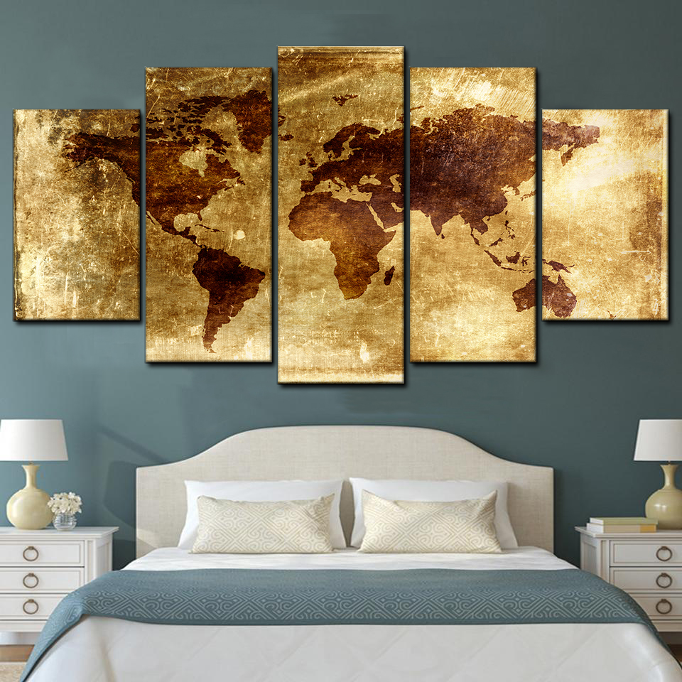 Retro World Map 5 Piece Canvas Art Wall Decor - Canvas Prints Artwork