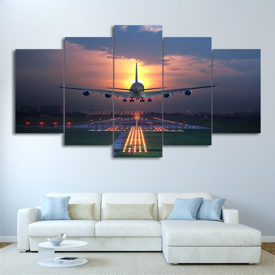 Sunset Airplane Lawn Airport 5 Piece Canvas Art Wall Decor - Canvas Prints Artwork