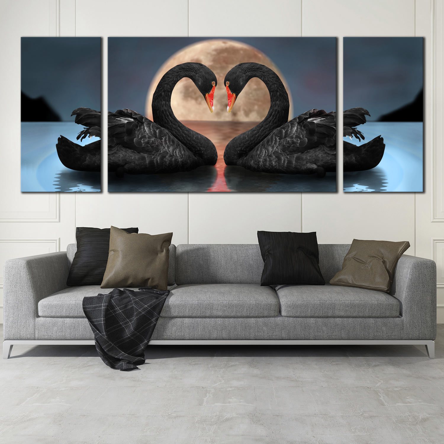 Love Swans Wall Art Picture Heart Grey Black White Grey Print 4 Canvas Panels 