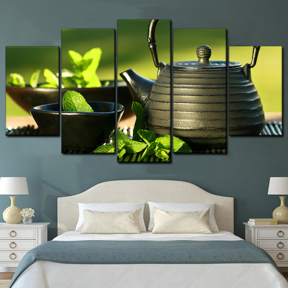 Teapot And Cups 5 Piece Canvas Art Wall Decor - Canvas Prints Artwork