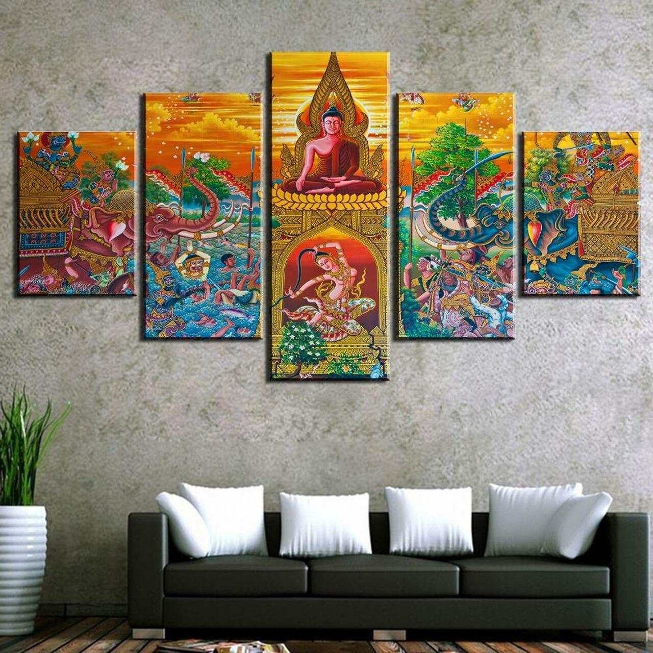 Buddha And Elephants 5 Piece Canvas Art Wall Decor