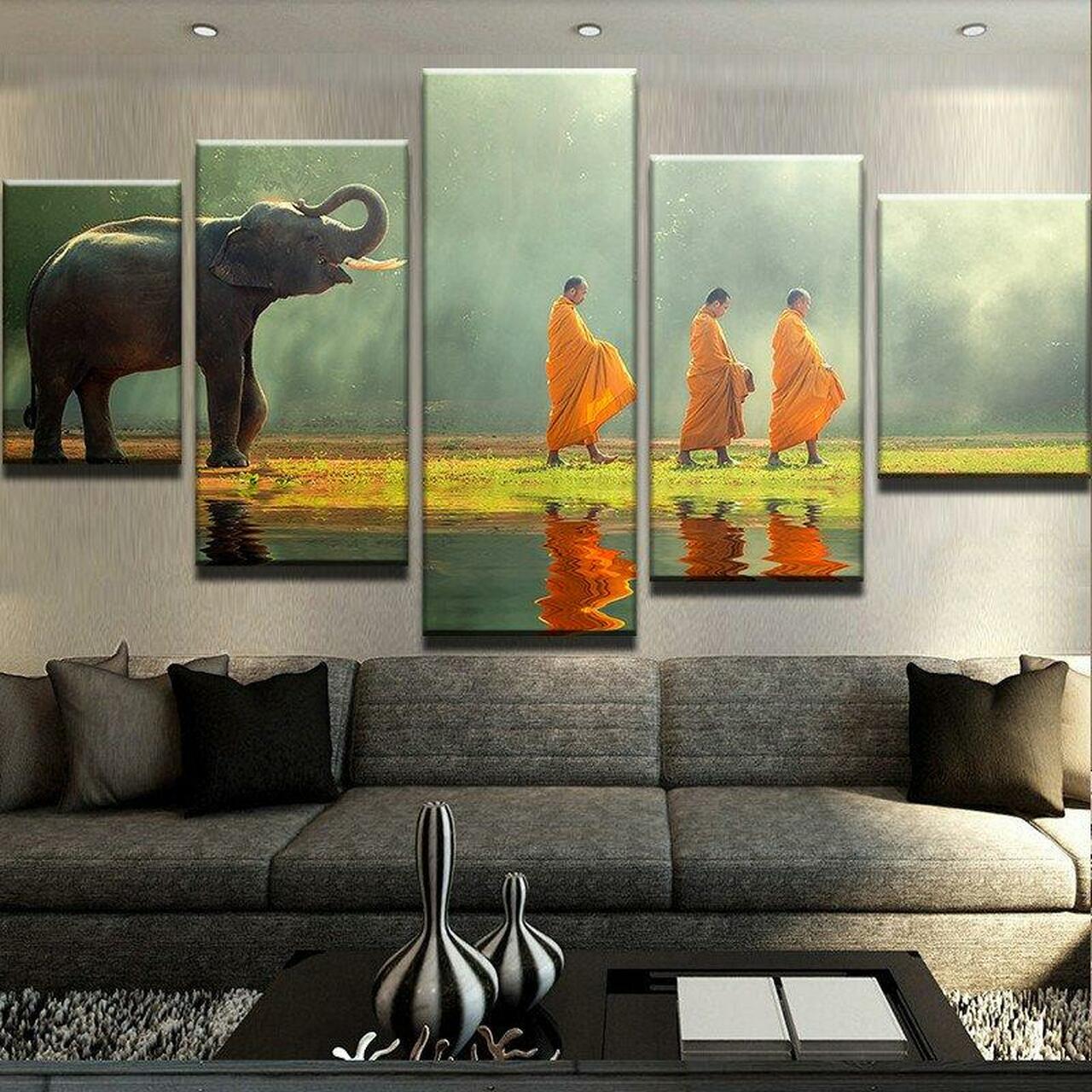 Elephant and Monks 5 Piece Canvas Art Wall Decor