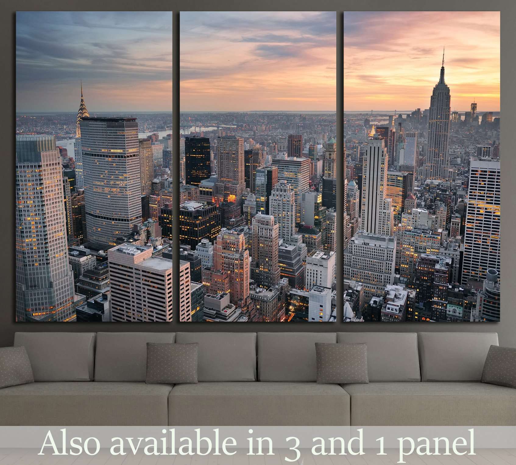 New York City skyline aerial view at sunset with colorful cloud and skyscrapers Canvas Art Wall Decor 3 Piece Canvas Prints Artwork