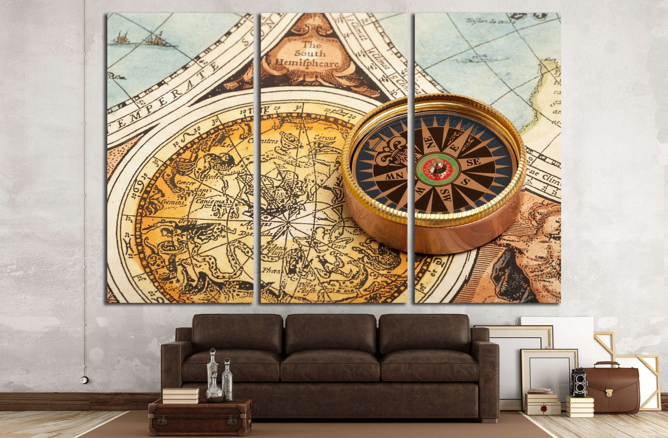 Compass On Old Map Art Print / Canvas Print Poster J Wall Art Home Decor 