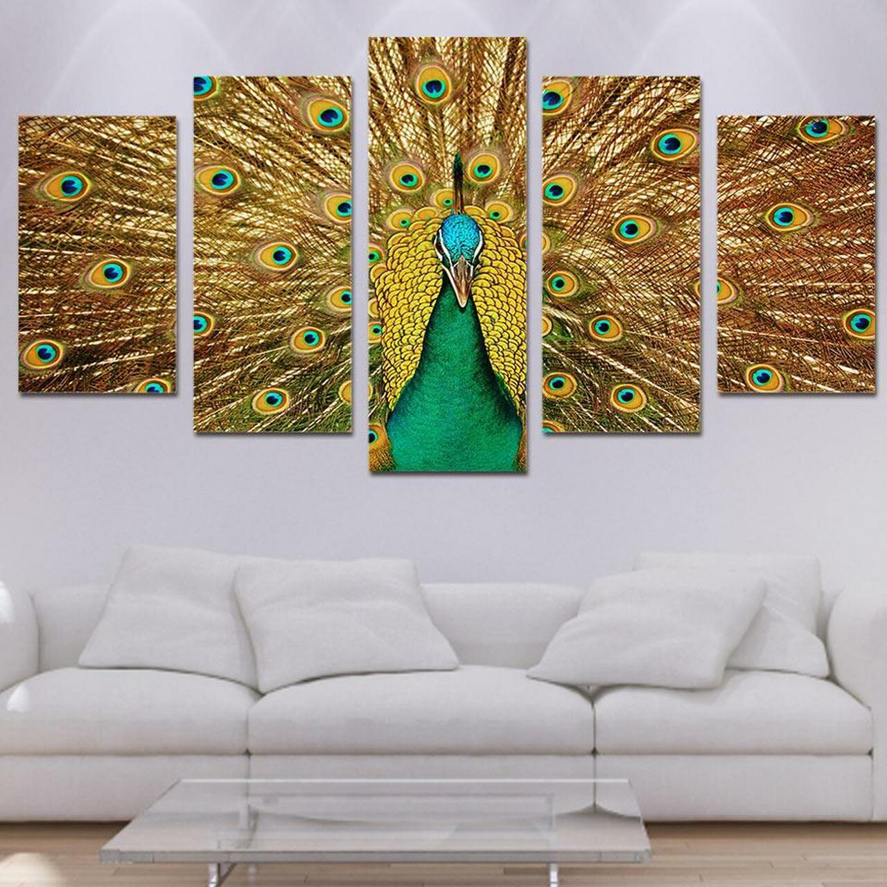 Peacock Dance Golden 5 Piece Canvas Art Wall Decor