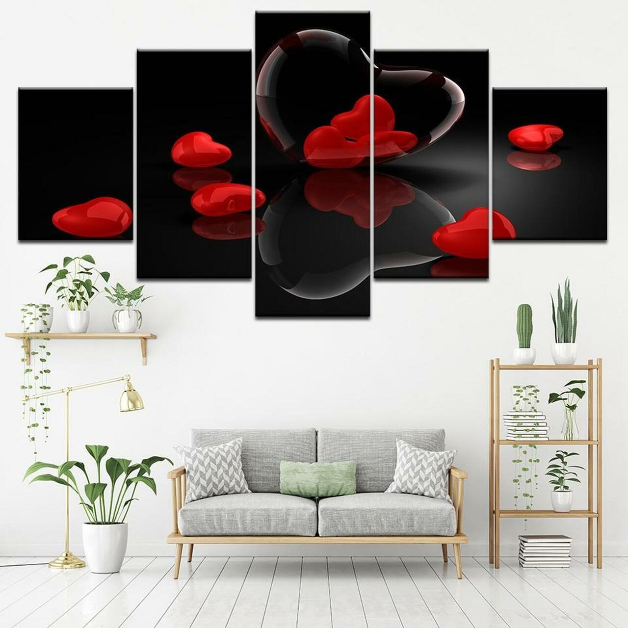 Red Hearts 5 Piece Canvas Art Wall Decor