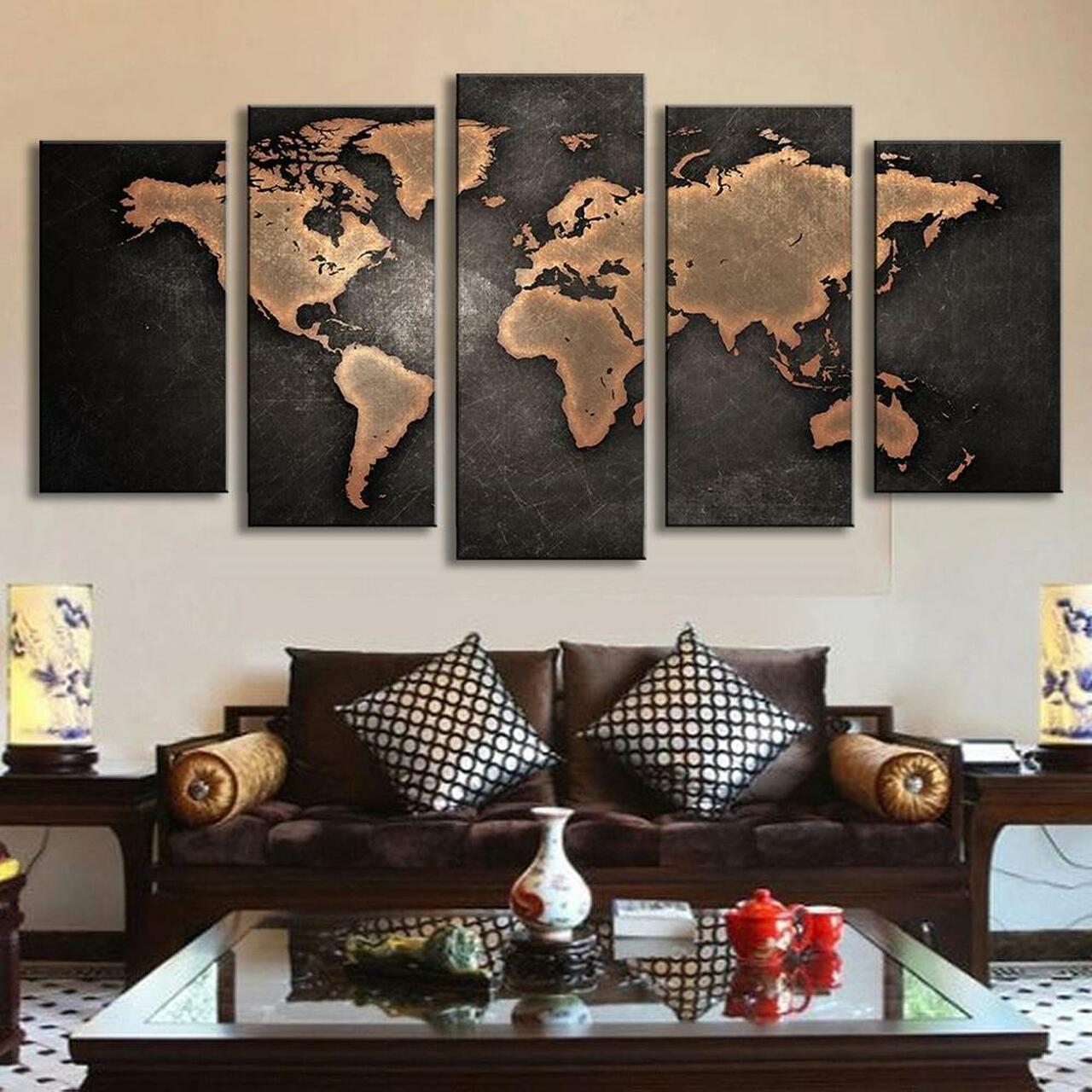 RETRO WORLD MAP 5 Piece Canvas Art Wall Decor