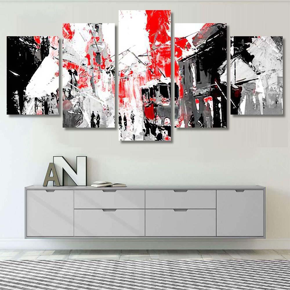 Urban City Life Sin City Inspiration Black And Red Color 2 - Landscape 5 Piece Canvas Art Wall Decor