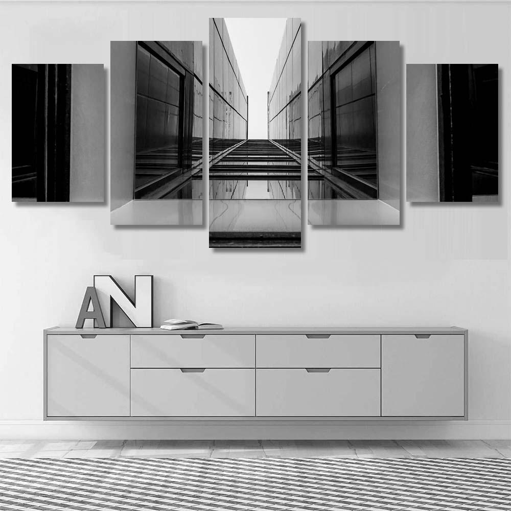 Urban Geometry Glass Building Black And White - Landscape 5 Piece Canvas Art Wall Decor