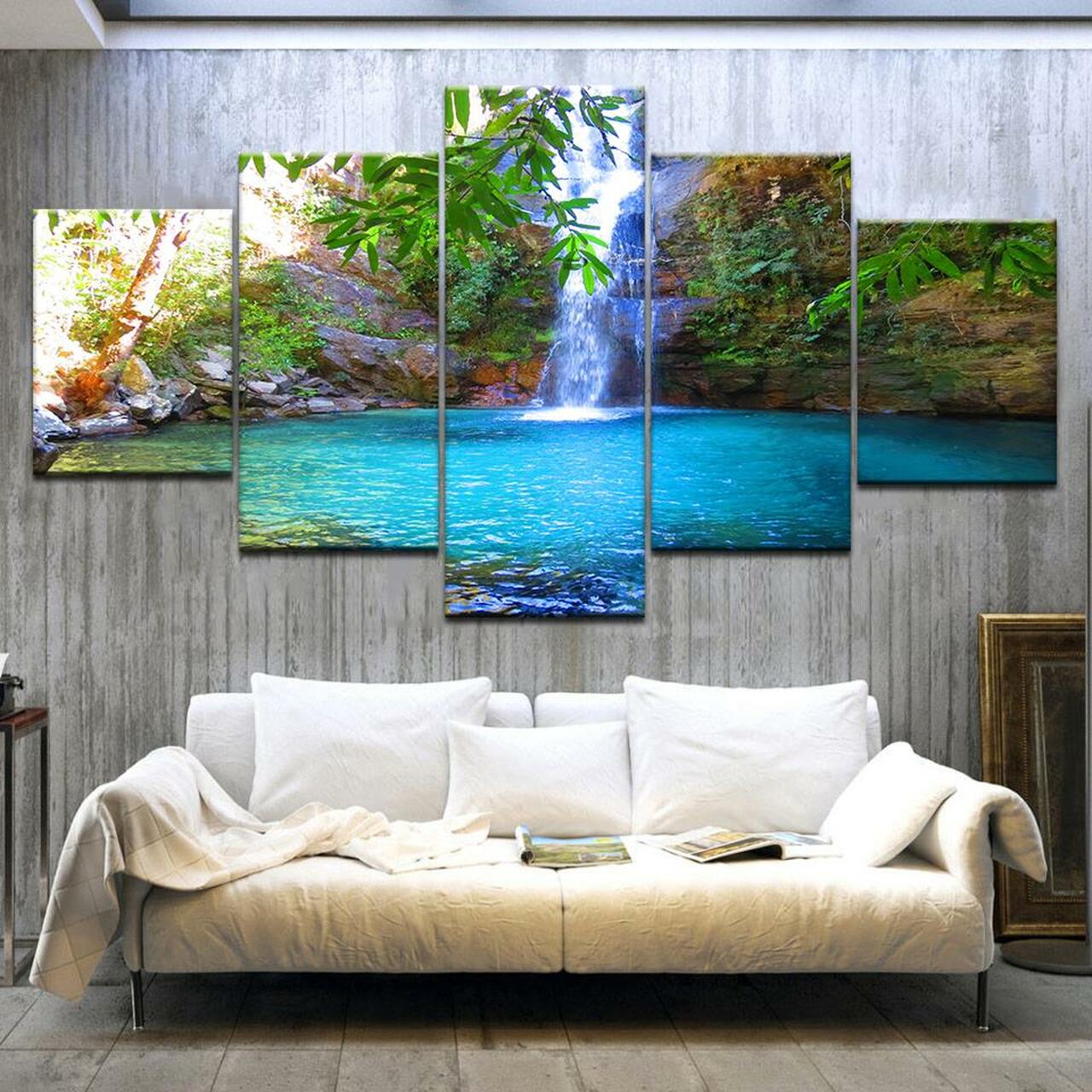 Waterfall In Lake 5 Piece Canvas Art Wall Decor