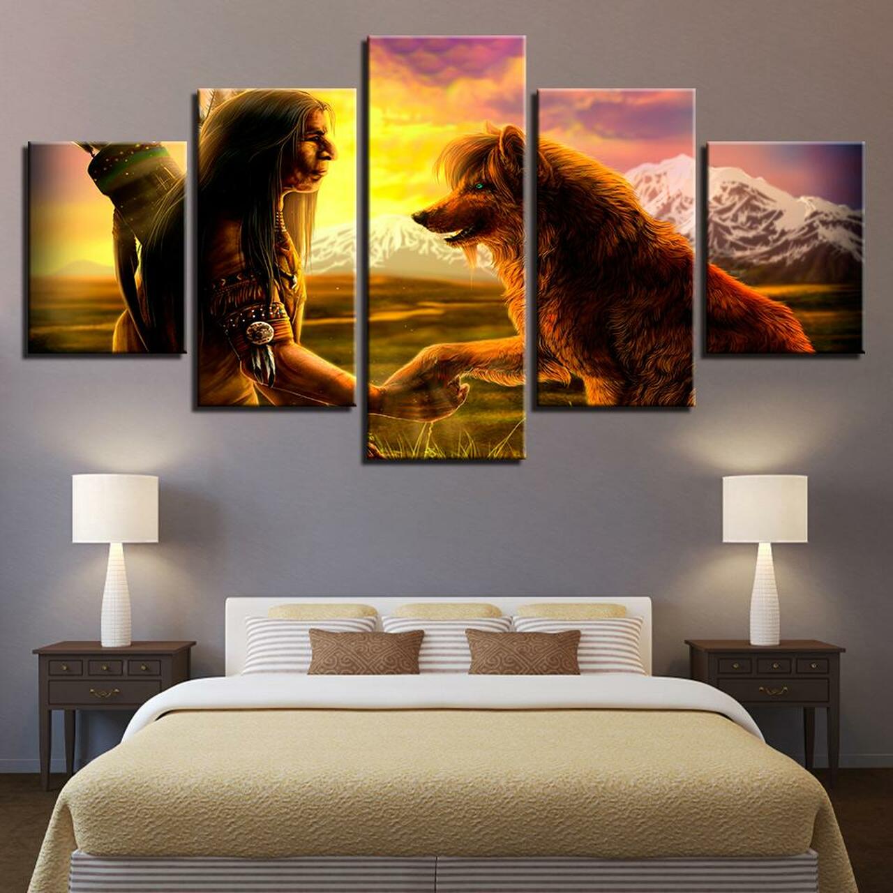 Wolf and Indian 5 Piece Canvas Art Wall Decor
