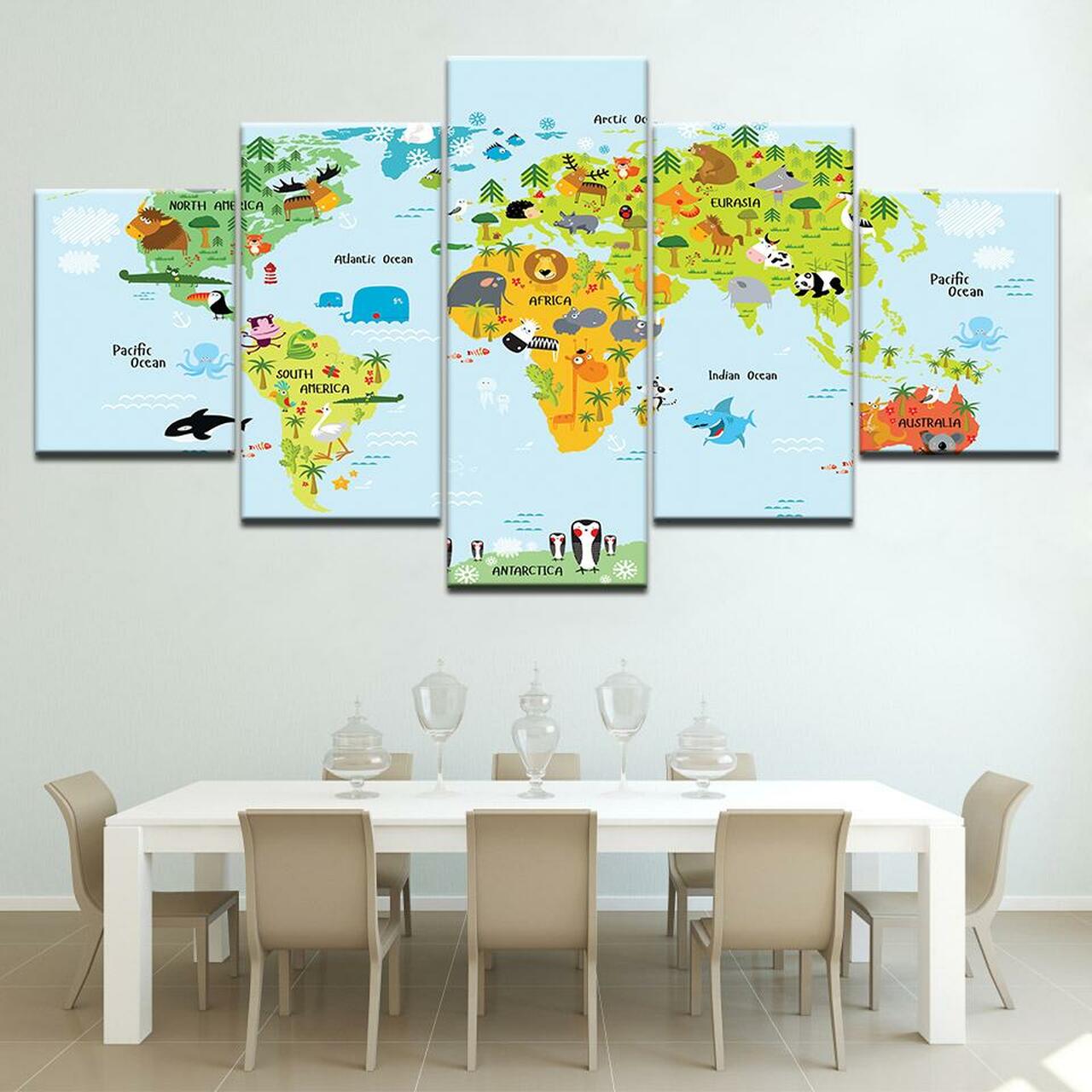 WORLD MAP FOR KIDS 5 Piece Canvas Art Wall Decor