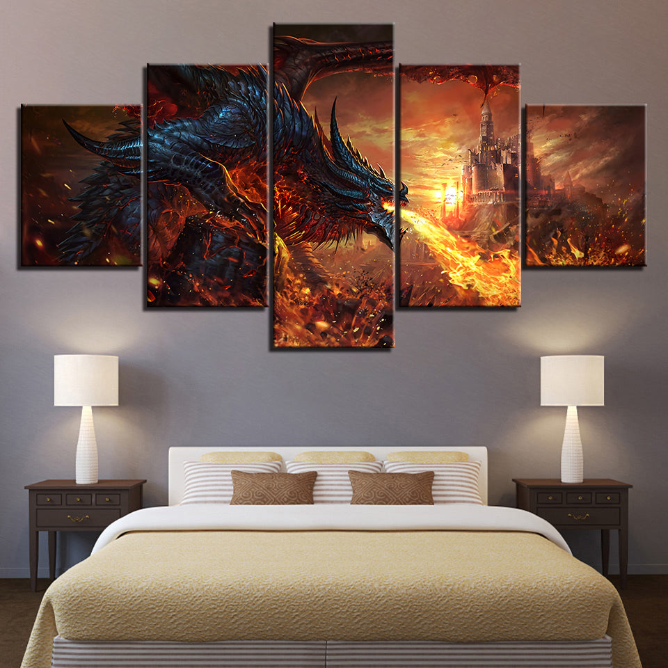 5 Piece Dragon And a Castle - Canvas Wall Art Painting
