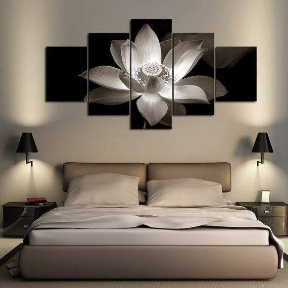 Black & White Lotus – Nature 5 Panel Canvas Art Wall Decor