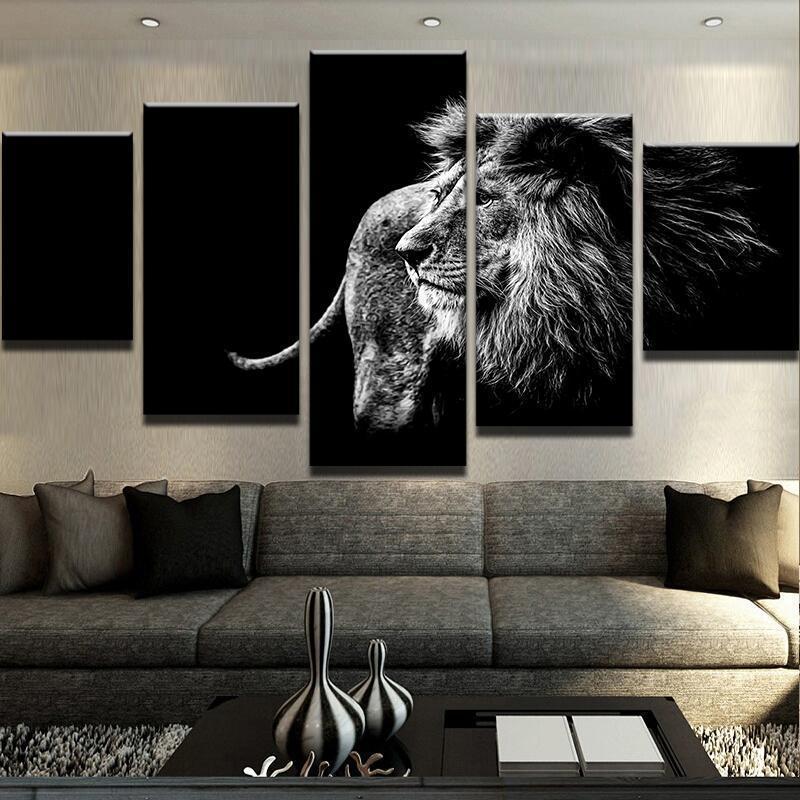 Black And White Lion Animal – 5 Panel Canvas Art Wall Decor