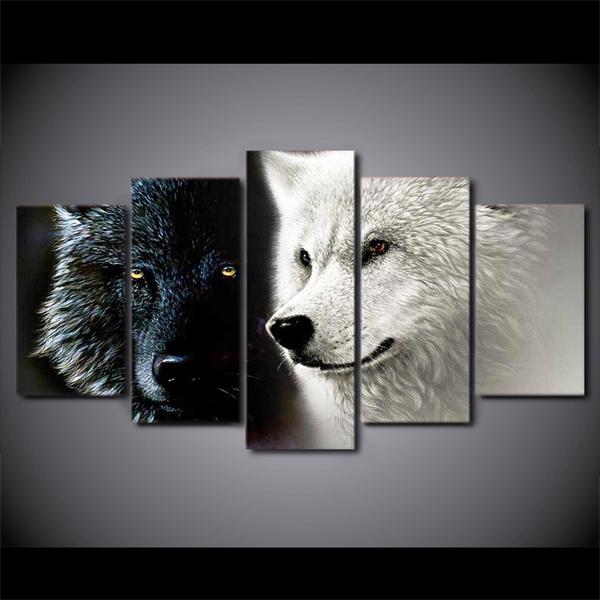 Black White Wolf Wolves 1 – Animal 5 Panel Canvas Art Wall Decor