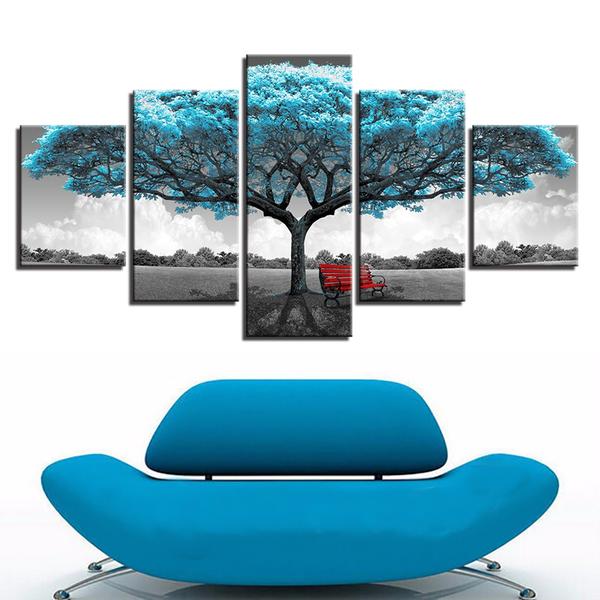 Blue Big Teal Blue Tree Red Chair – Nature 5 Panel Canvas Art Wall Decor