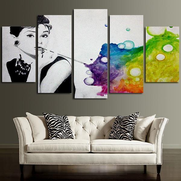 Colorful Audrey Hepburn Breakfast At Tiffany’s Celebrity – 5 Panel Canvas Art Wall Decor