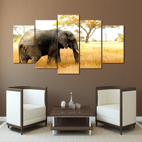 Elephant Safari – Tree Background – Animal 5 Panel Canvas Art Wall Decor