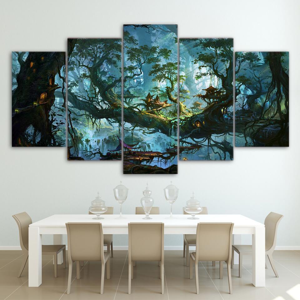 Fantasy Houses Magic Forest Night Tree – Nature 5 Panel Canvas Art Wall Decor