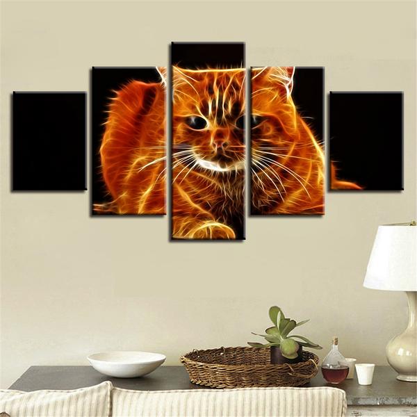 Fire Tabby Cat Hd – Abstarct Animal 5 Panel Canvas Art Wall Decor