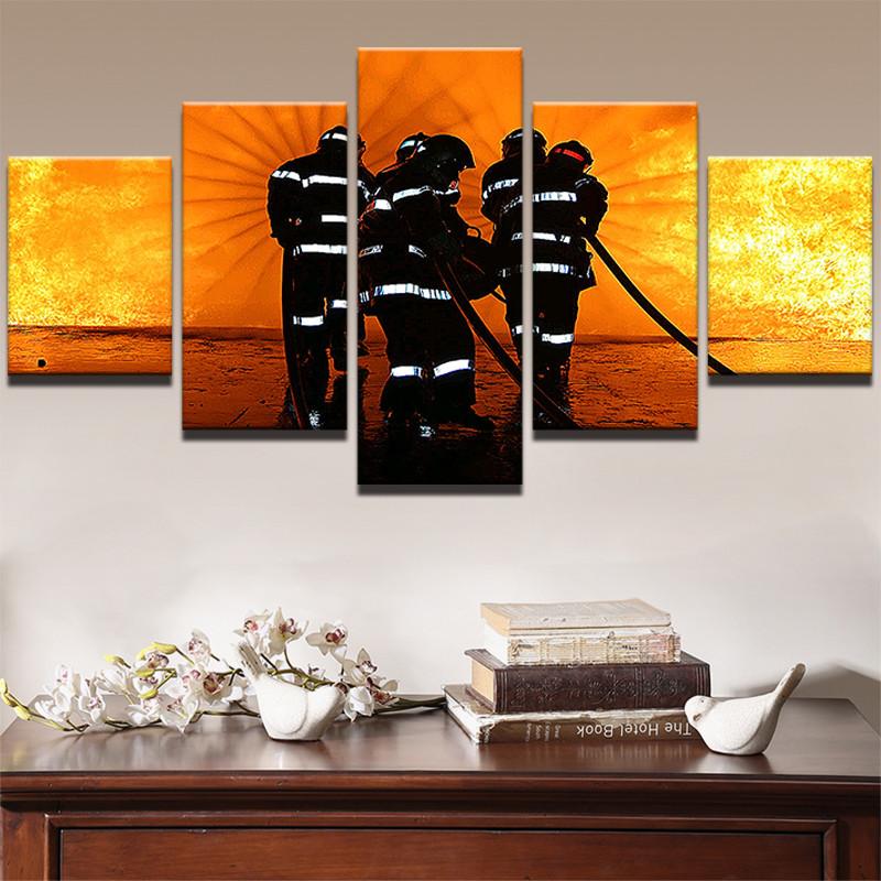 Firefighters Fight Flames Water – Career 5 Panel Canvas Art Wall Decor