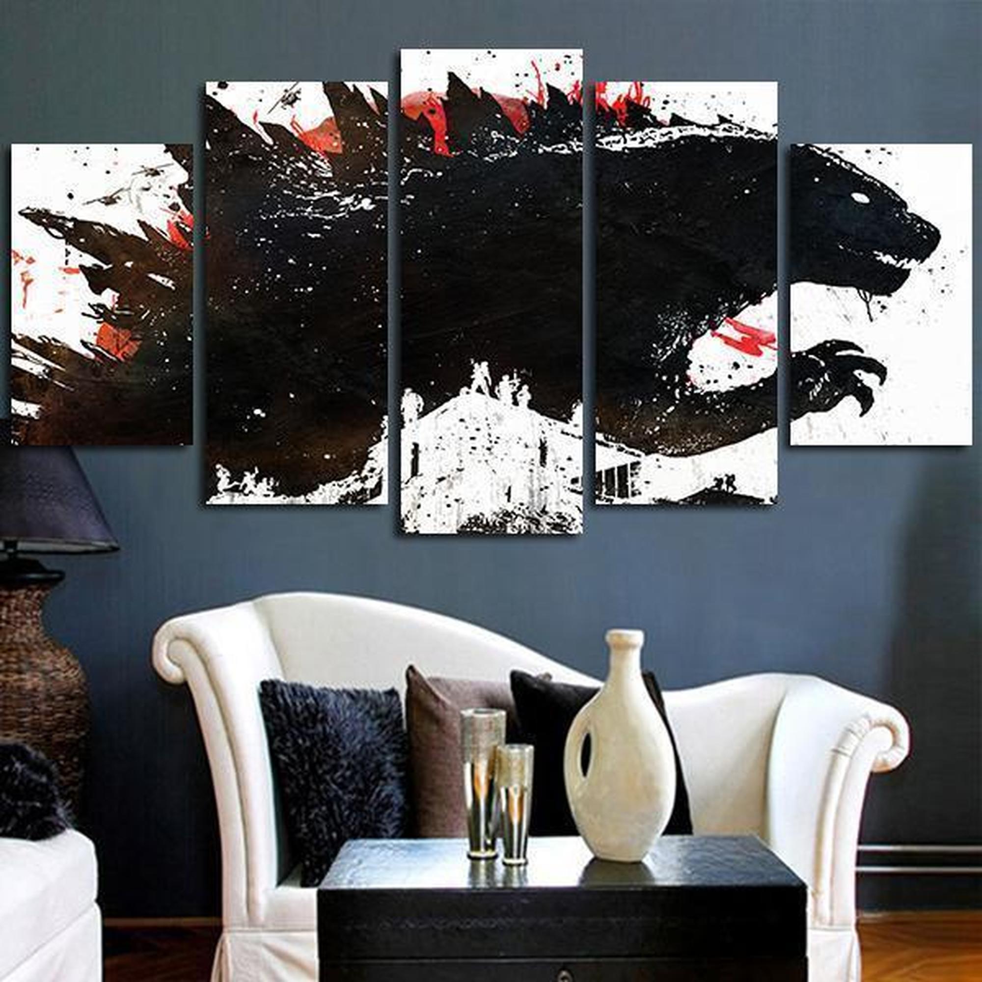 Godzilla Painted Black Ink Movie – 5 Panel Canvas Art Wall Decor