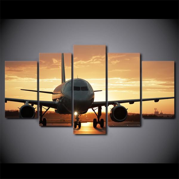 Golden Sunset Jet Airplane Aircraft – Airplane 5 Panel Canvas Art Wall Decor