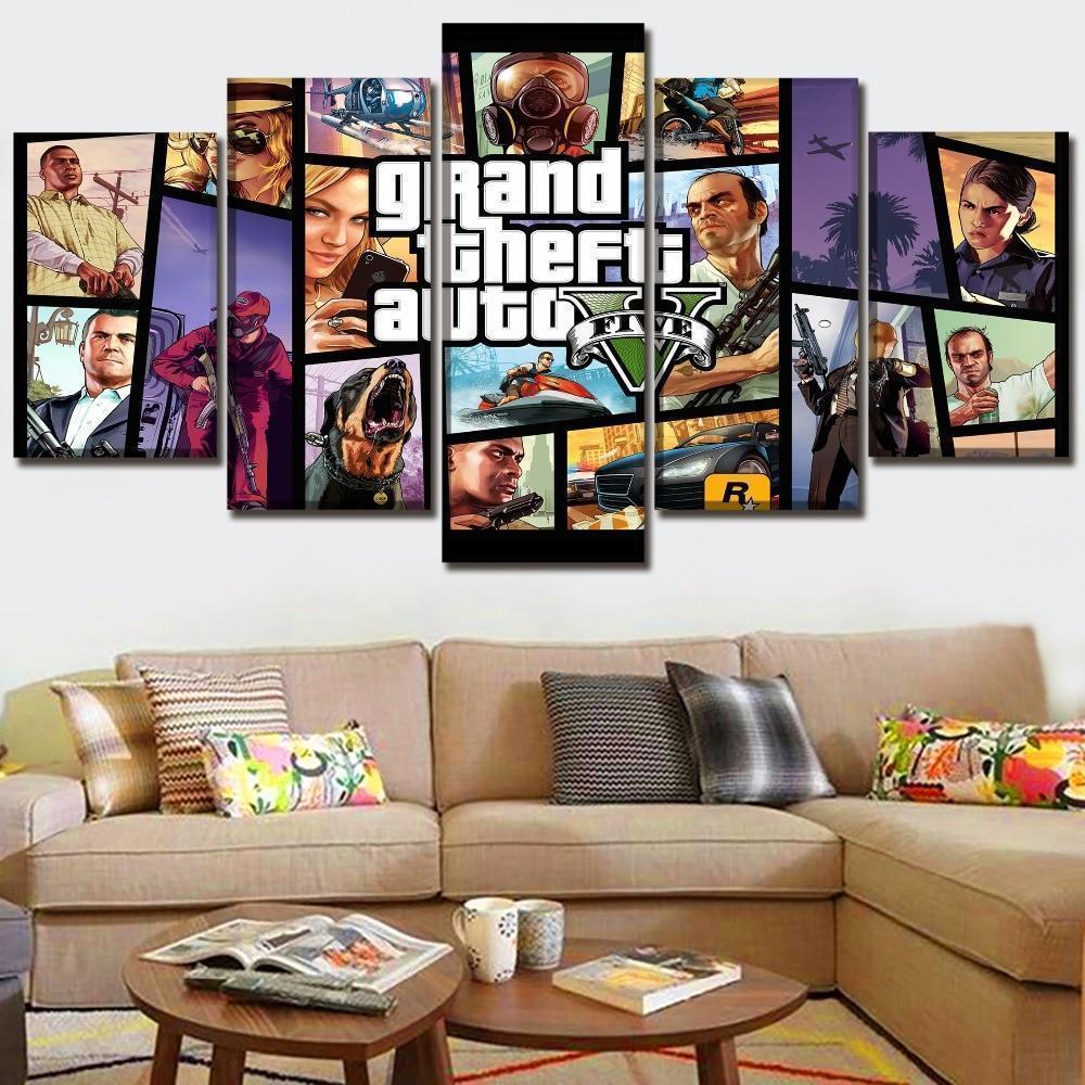 Grand Theft Auto V Character Posters 3 Gaming – 5 Panel Canvas Art Wall Decor