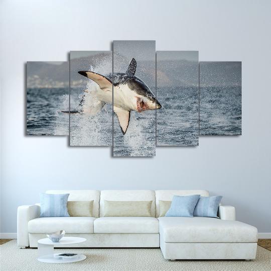 Great White Shark Jumping Breach Air Jaws Ocean – 5 Panel Canvas Art Wall Decor