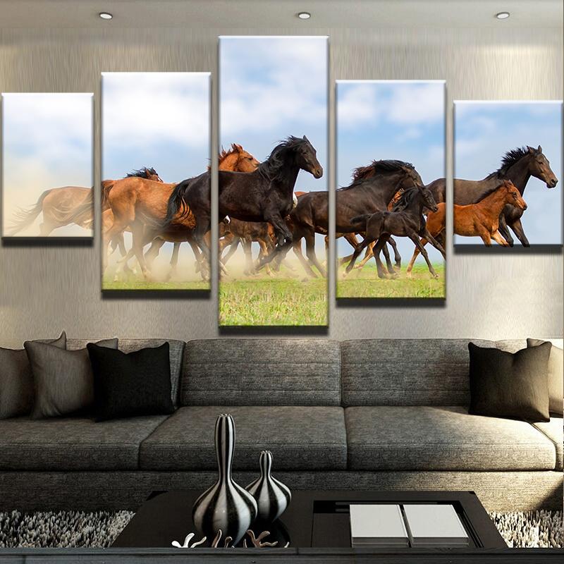 Horse Pasture – Animal 5 Panel Canvas Art Wall Decor