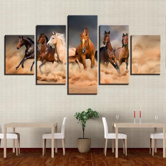 Kick The Dust Up Wild Mustangs – Animal 5 Panel Canvas Art Wall Decor