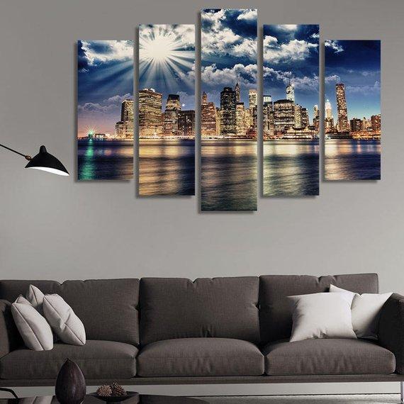 Lower Manhattan Skyline – Nature 5 Panel Canvas Art Wall Decor