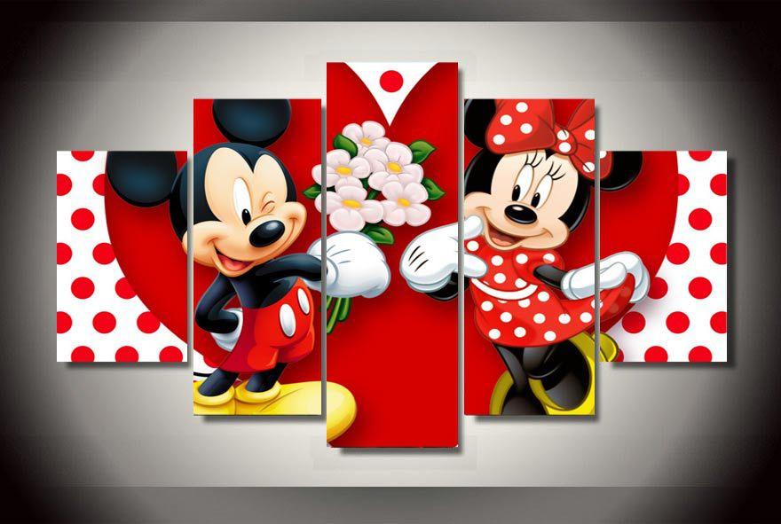 Mickey Mouse Mickey Giving Flowers To Minnie Cartoon – 5 Panel Canvas Art Wall Decor