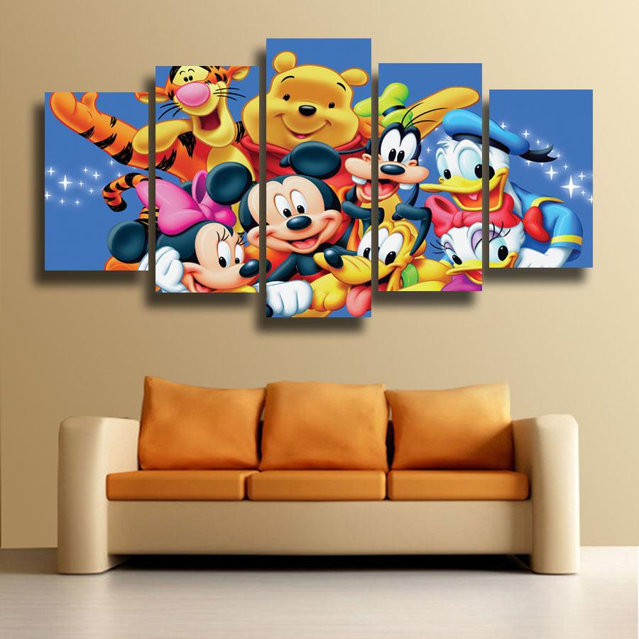 Mickey Mouse Winnie The Pooh Piglet Tigger Donald Duck Cartoon – 5 Panel Canvas Art Wall Decor
