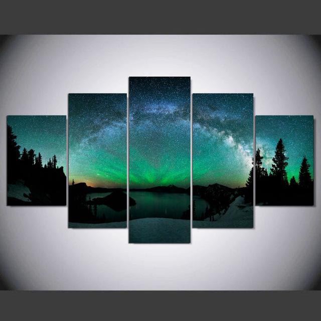 Northern Lights Aurora Borealis Space – Nature 5 Panel Canvas Art Wall Decor