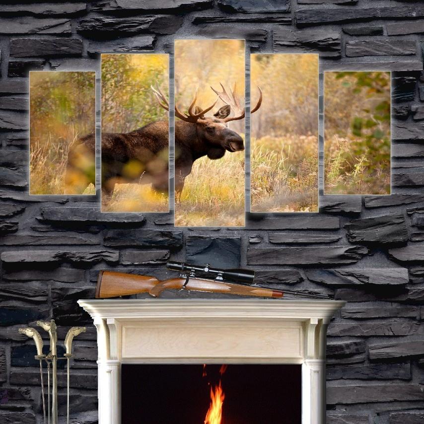 Old Elk In Forest Fashion Deer – Animal 5 Panel Canvas Art Wall Decor