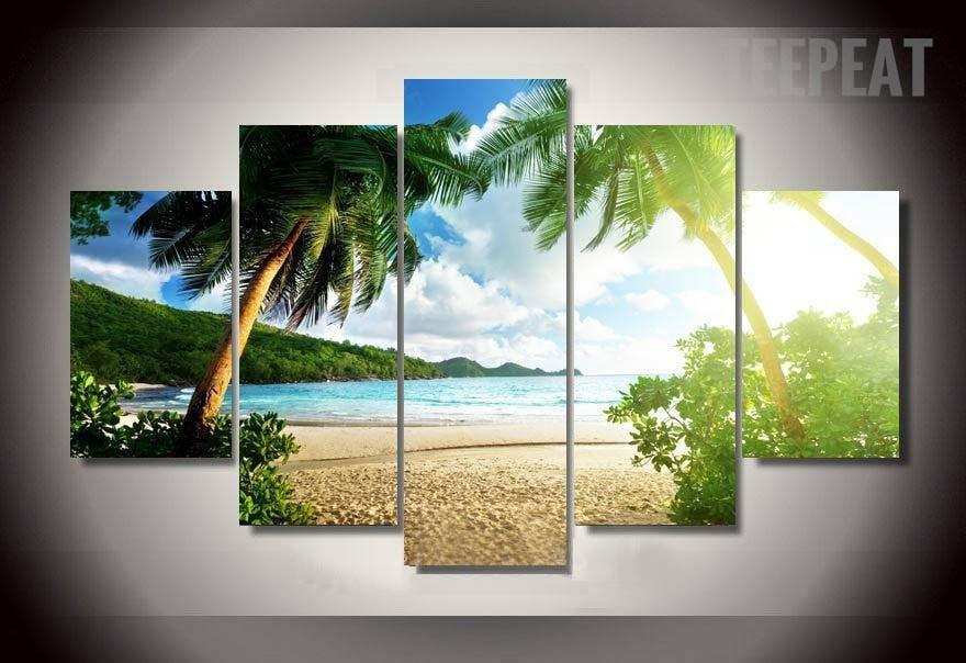 Palm Trees At The Beach – Nature 5 Panel Canvas Art Wall Decor